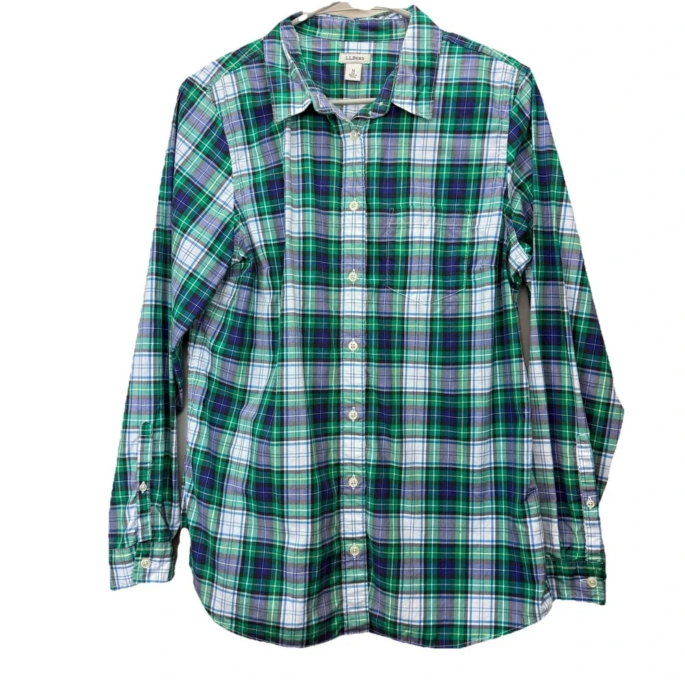 LL Bean Green Blue‎ Plaid Cotton Poplin Button Up Shirt Size XS